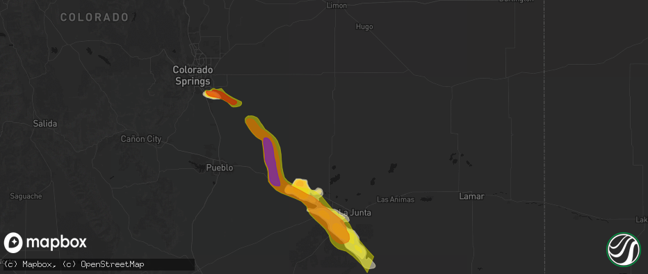 Hail map in Ordway, CO on June 22, 2026