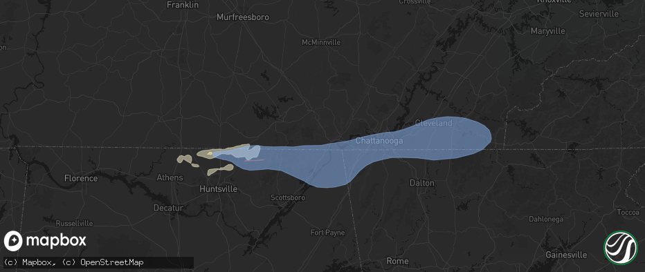 Hail map in South Pittsburg, TN on June 22, 2026