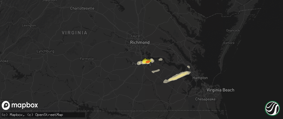 Hail map in Colonial Heights, VA on June 23, 2026