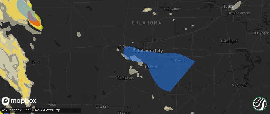 Hail map in Mustang, OK on June 23, 2026