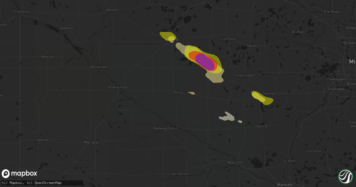 Hail map in Olivia, MN on June 23, 2026