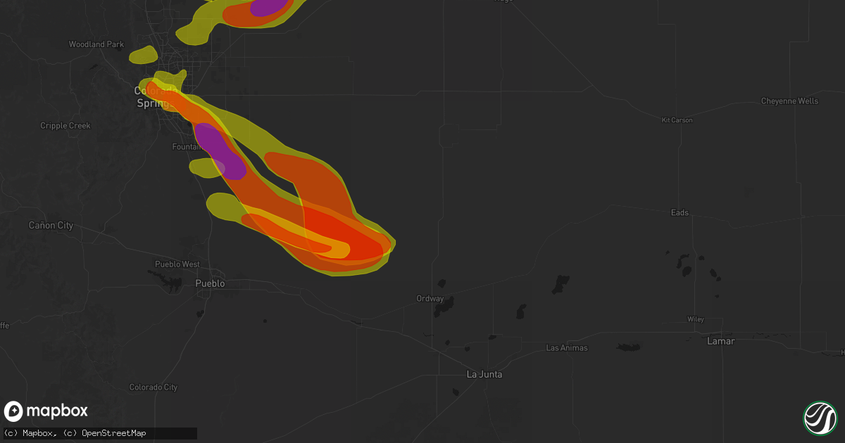 Hail map in Ordway, CO on June 23, 2026