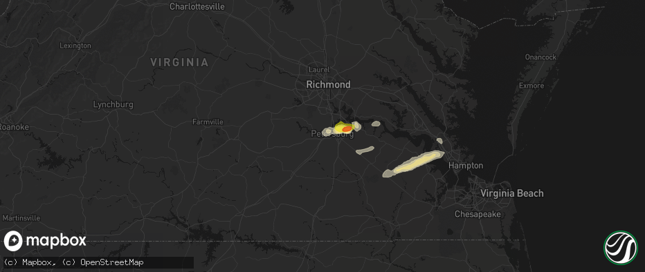 Hail map in Petersburg, VA on June 23, 2026