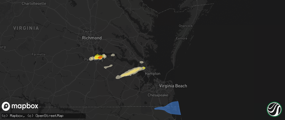 Hail map in Yorktown, VA on June 23, 2026