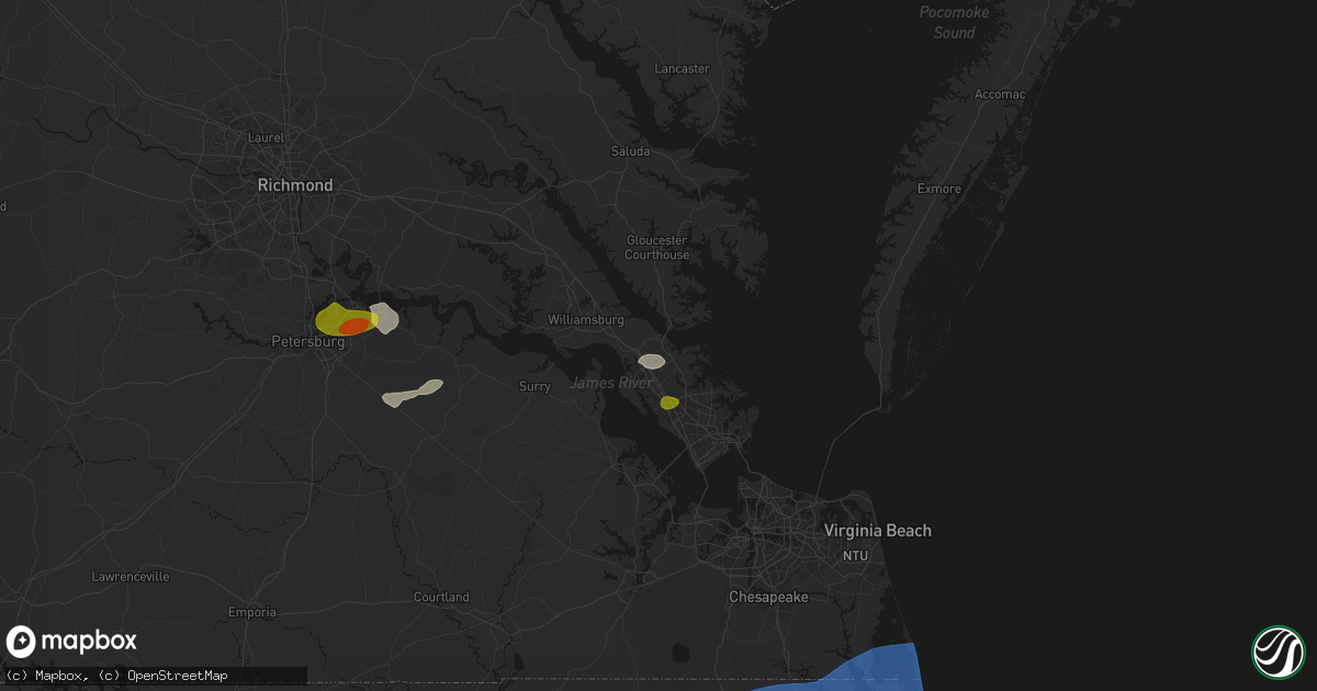 Hail map in Yorktown, VA on June 23, 2026
