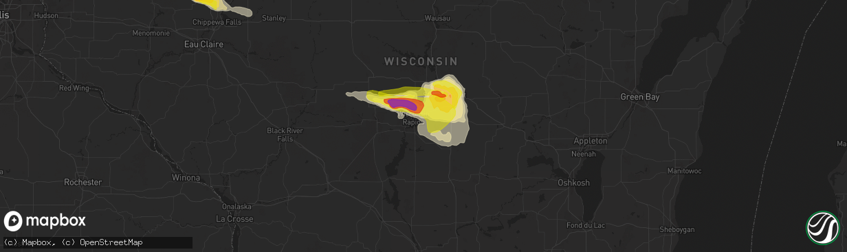 Hail map in Wisconsin Rapids, WI on June 24, 2021