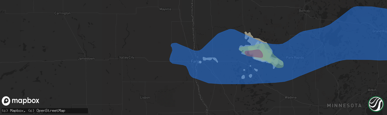 Hail map in Fargo, ND on June 24, 2022