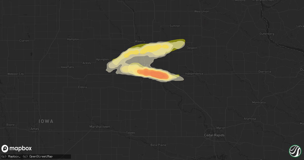 Hail map in Waterloo, IA on June 24, 2023