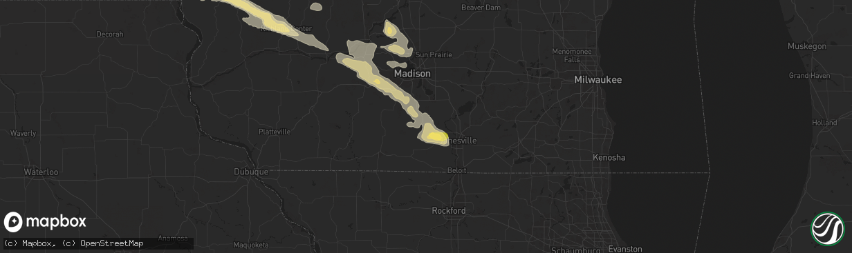 Hail map in Evansville, WI on June 24, 2024