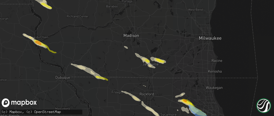 Hail map in Evansville, WI on June 24, 2026