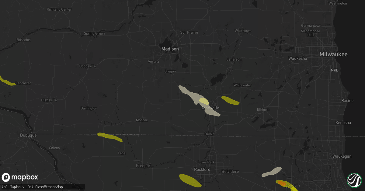 Hail map in Evansville, WI on June 24, 2026