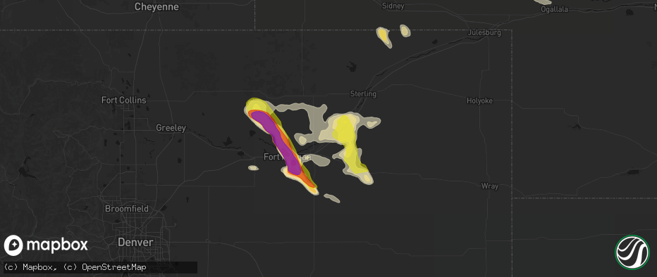 Hail map in Hillrose, CO on June 24, 2026
