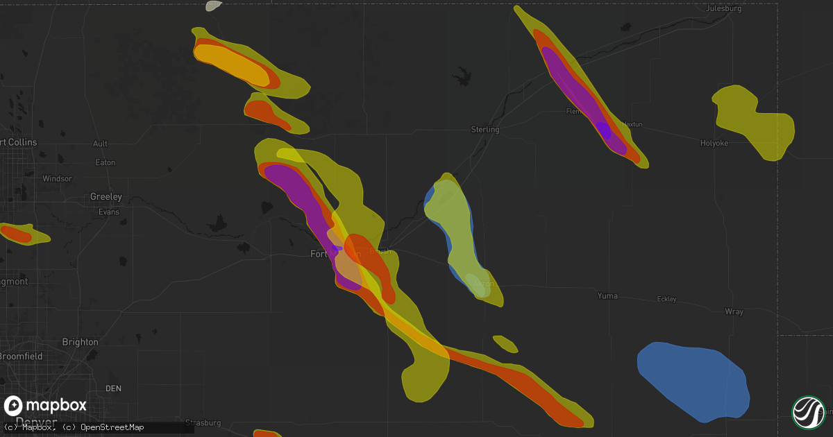 Hail map in Hillrose, CO on June 24, 2026