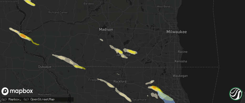 Hail map in Janesville, WI on June 24, 2026