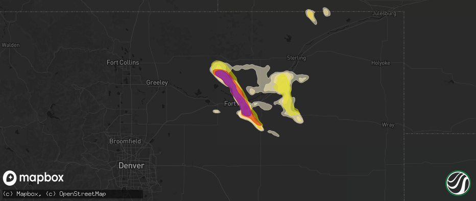 Hail map in Log Lane Village, CO on June 24, 2026