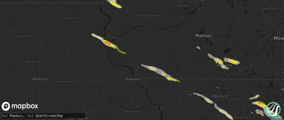Hail map in Platteville, WI on June 24, 2026