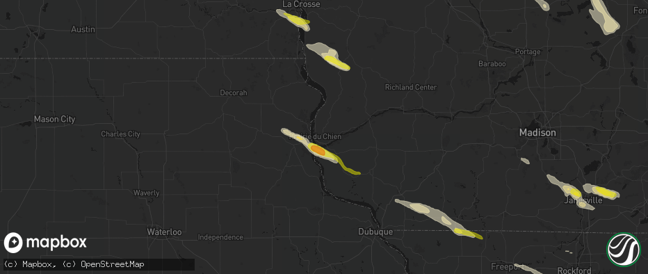 Hail map in Prairie Du Chien, WI on June 24, 2026