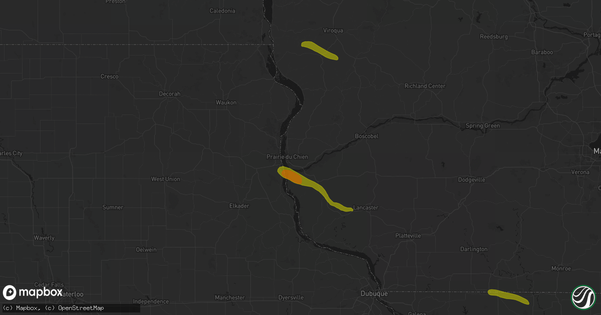 Hail map in Prairie Du Chien, WI on June 24, 2026
