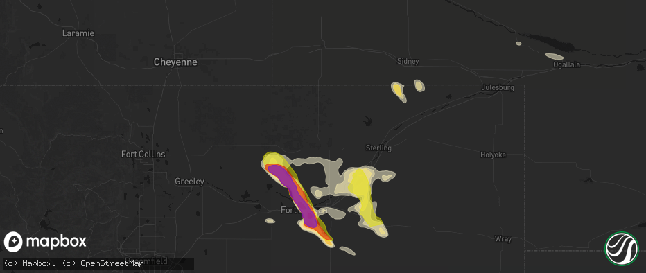 Hail map in Stoneham, CO on June 24, 2026