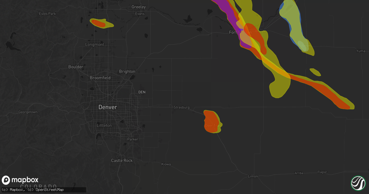 Hail map in Strasburg, CO on June 24, 2026
