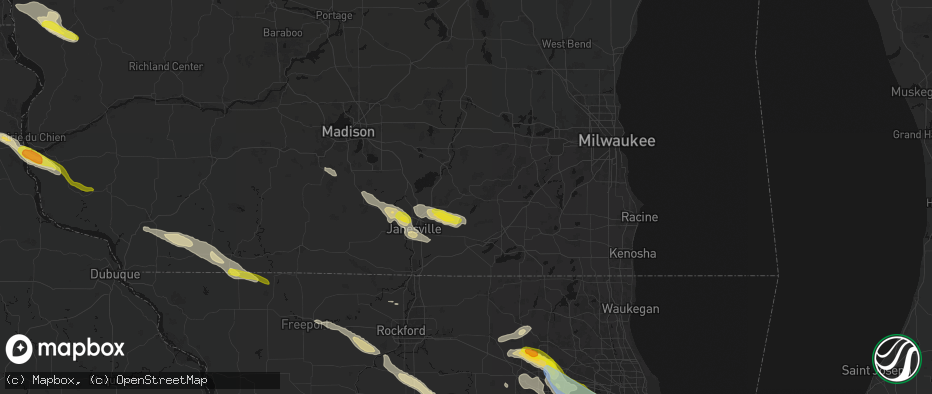Hail map in Whitewater, WI on June 24, 2026