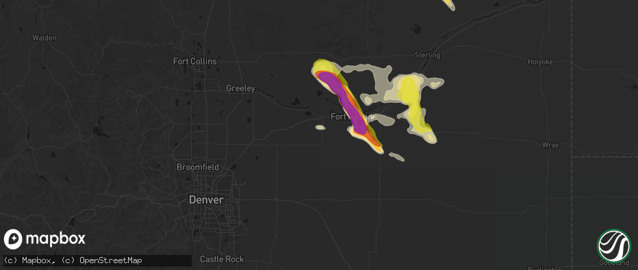 Hail map in Wiggins, CO on June 24, 2026