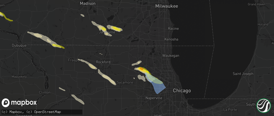 Hail map in Woodstock, IL on June 24, 2026