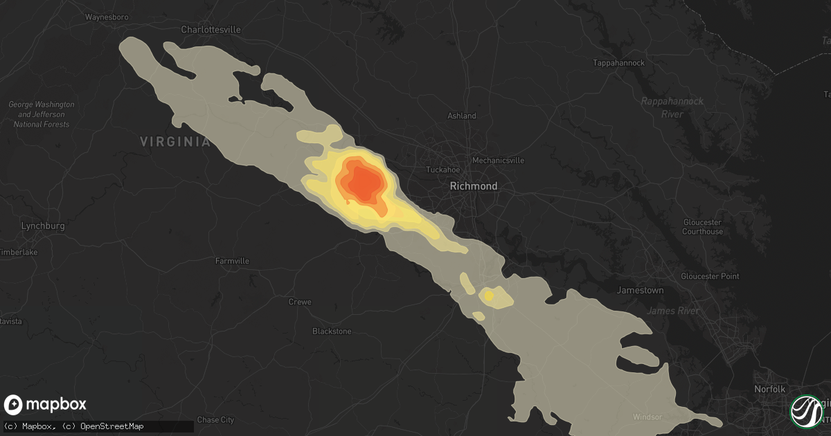 Hail map in Midlothian, VA on June 25, 2015
