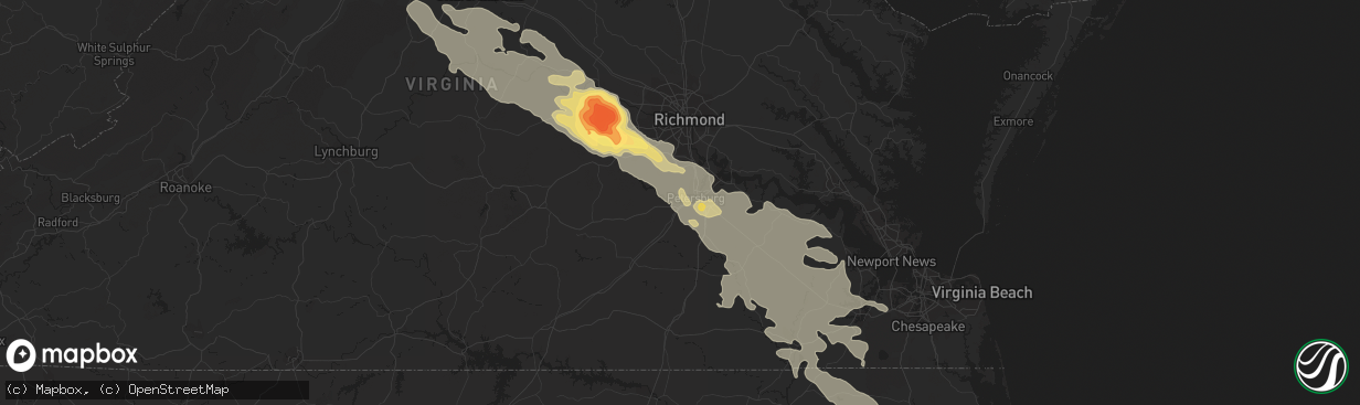 Hail map in Petersburg, VA on June 25, 2015