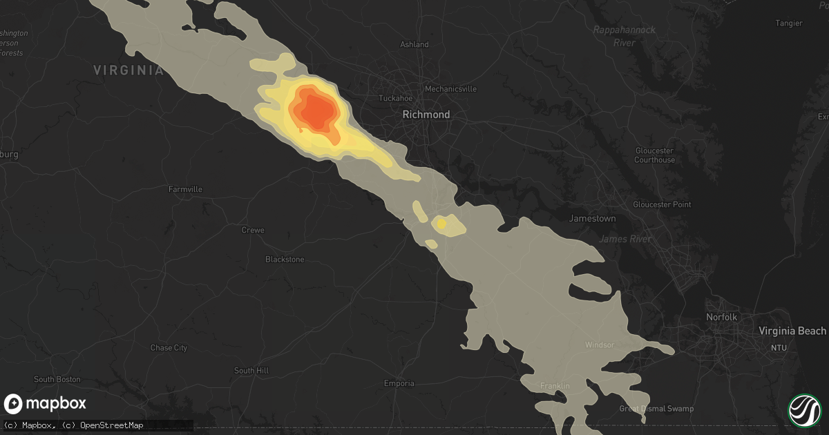 Hail map in Petersburg, VA on June 25, 2015