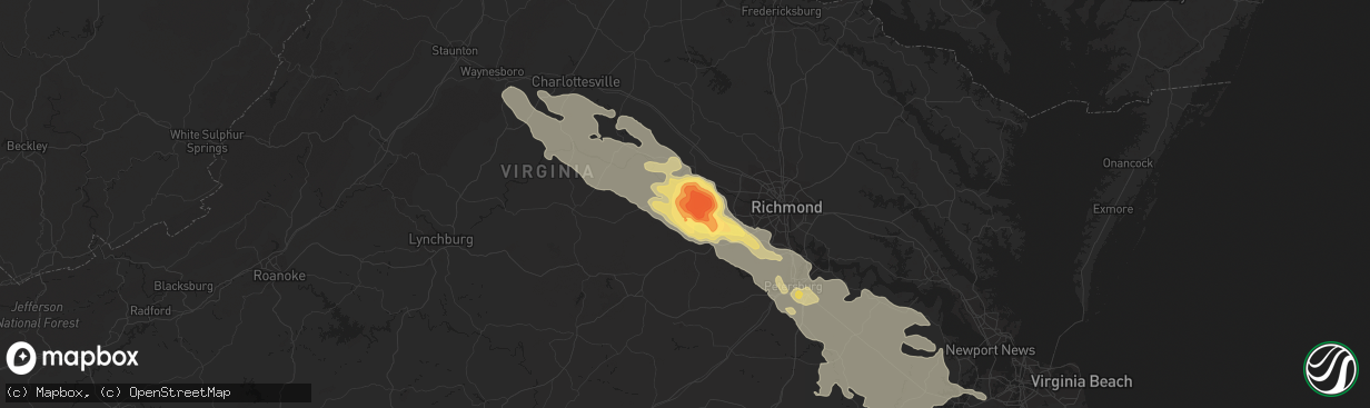 Hail map in Powhatan, VA on June 25, 2015