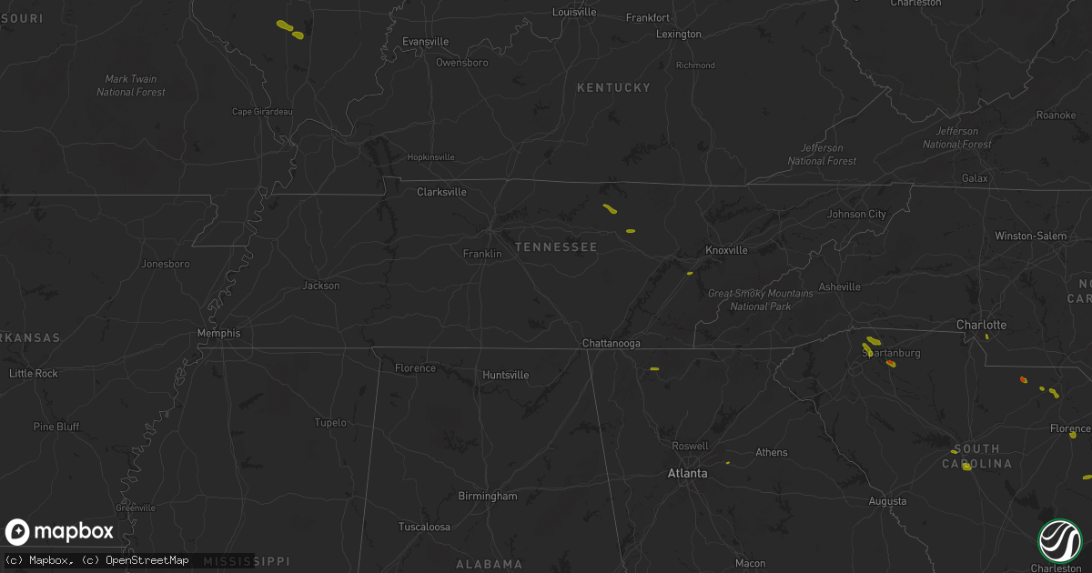Hail map in Tennessee on June 25, 2018