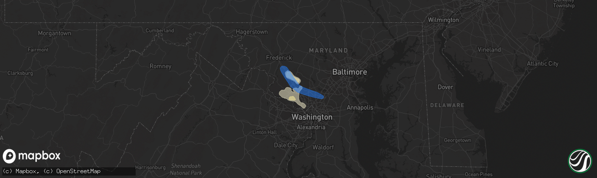 Hail map in Gaithersburg, MD on June 25, 2020