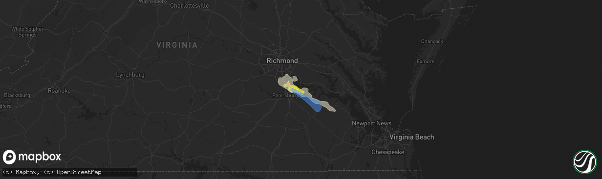 Hail map in Hopewell, VA on June 25, 2020