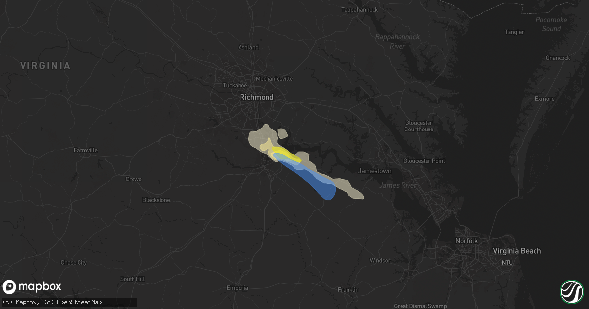 Hail map in Hopewell, VA on June 25, 2020