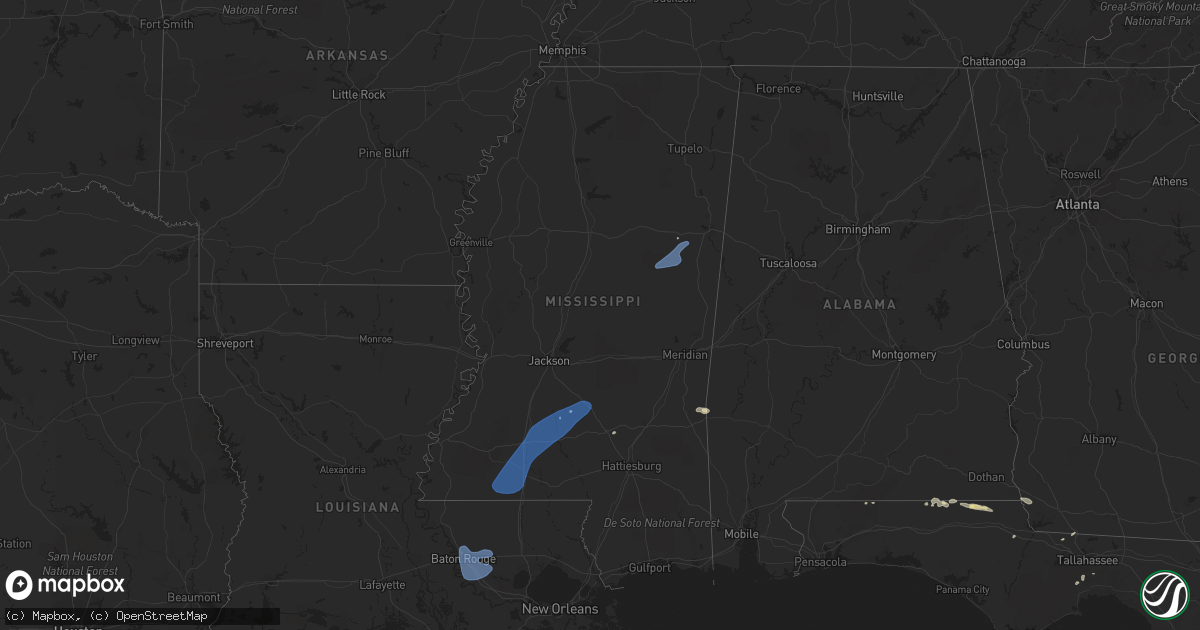 Hail map in Mississippi on June 25, 2020
