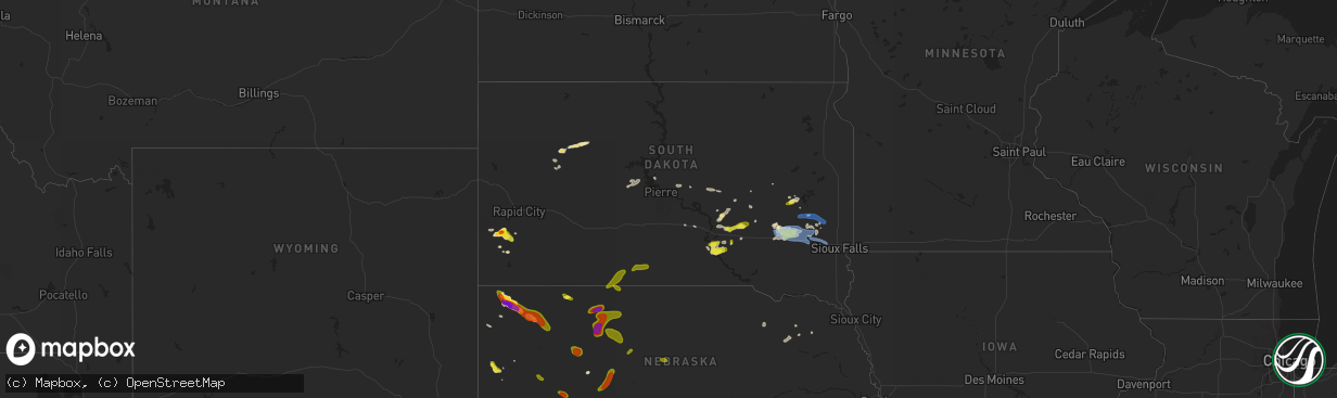 Hail map in South Dakota on June 25, 2020