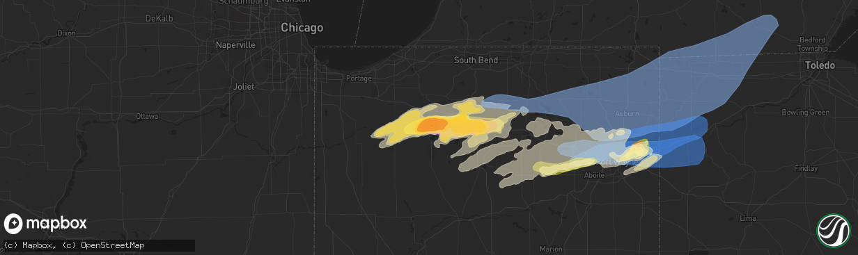 Hail map in Knox, IN on June 25, 2023