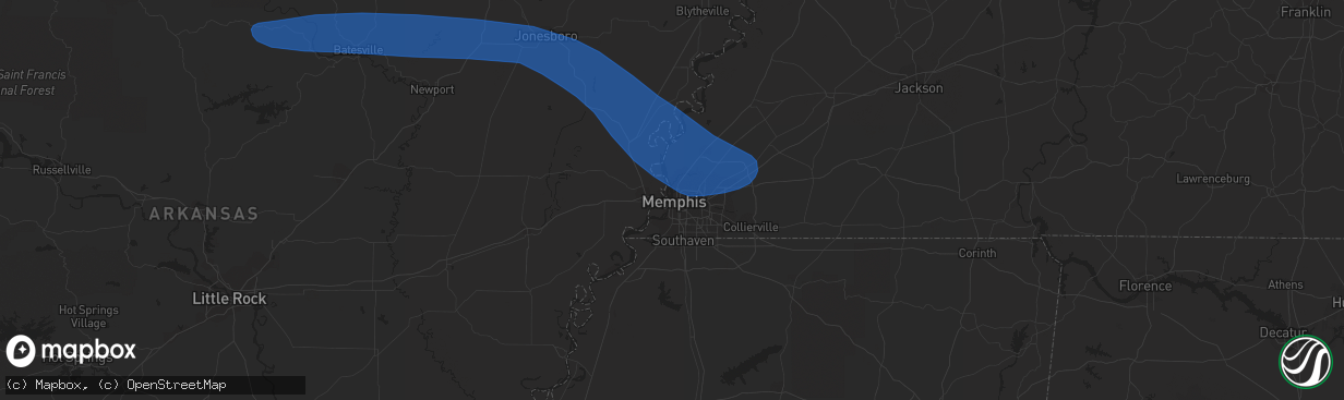 Hail map in Memphis, TN on June 25, 2023