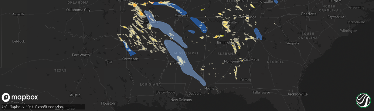 Hail map in Mississippi on June 25, 2023