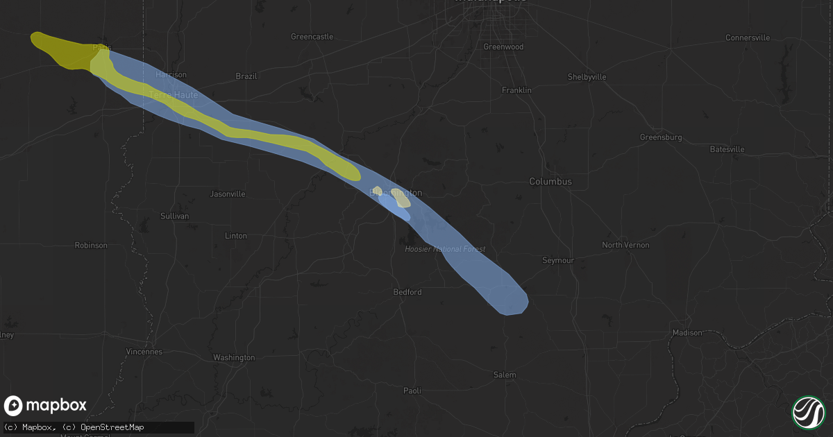 Hail map in Bloomington, IN on June 25, 2024