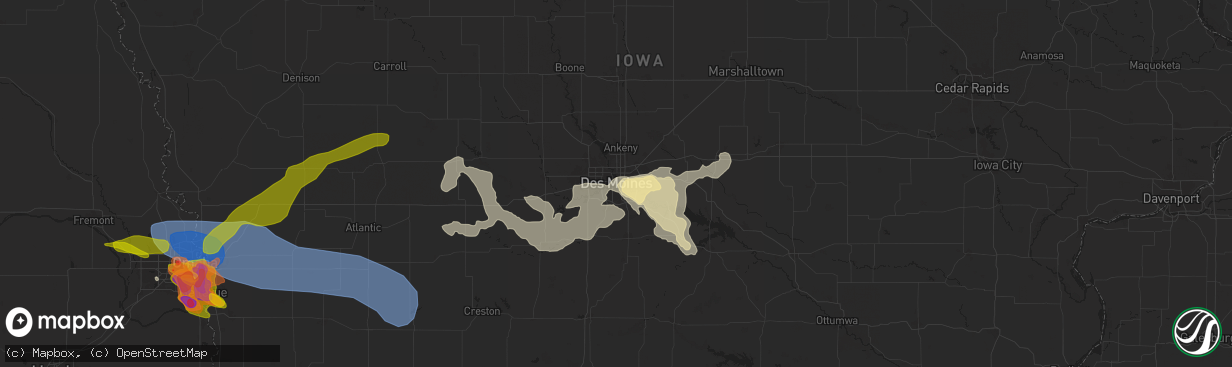 Hail map in Des Moines, IA on June 25, 2024