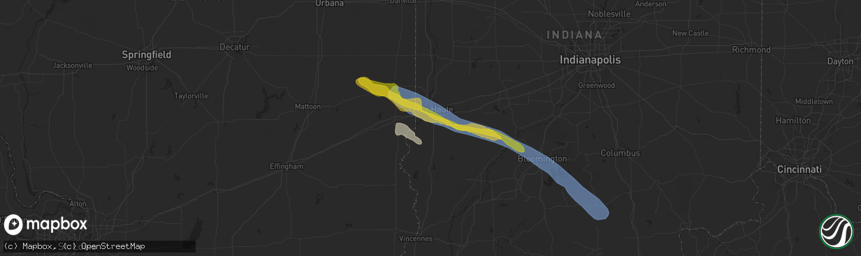 Hail map in Terre Haute, IN on June 25, 2024