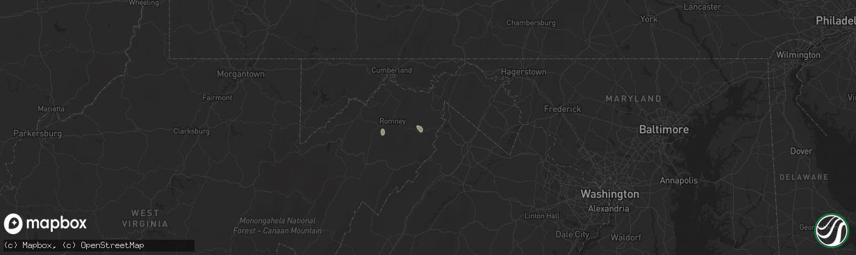 Hail map in Capon Bridge, WV on June 25, 2025
