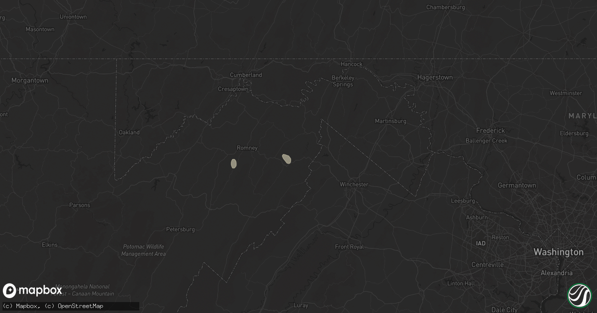 Hail map in Capon Bridge, WV on June 25, 2025