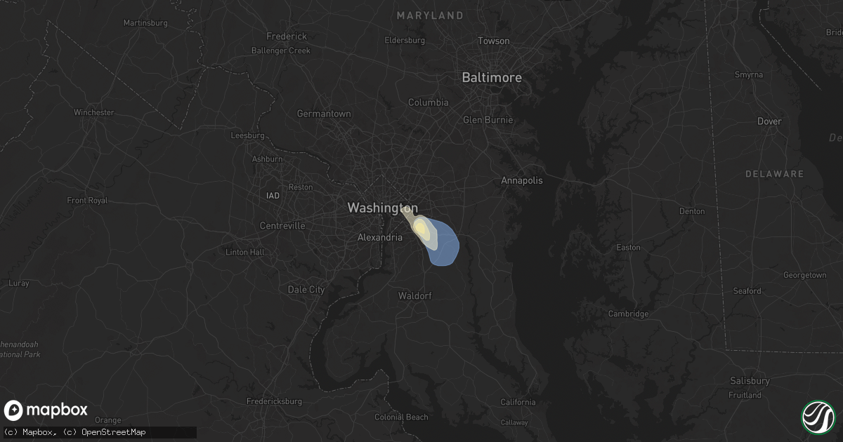 Hail map in District Heights, MD on June 25, 2025