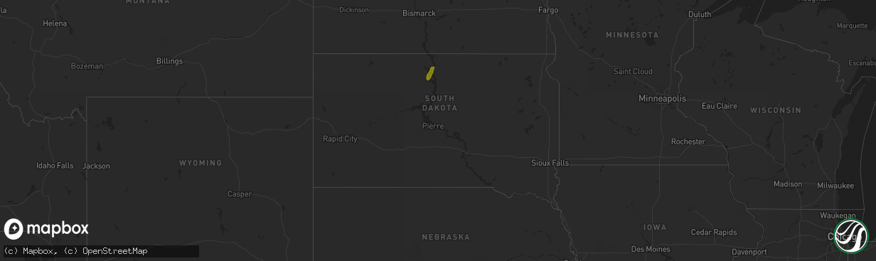 Hail map in South Dakota on June 25, 2025