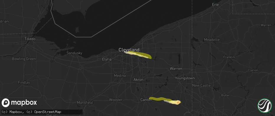 Hail map in Bedford, OH on June 25, 2026