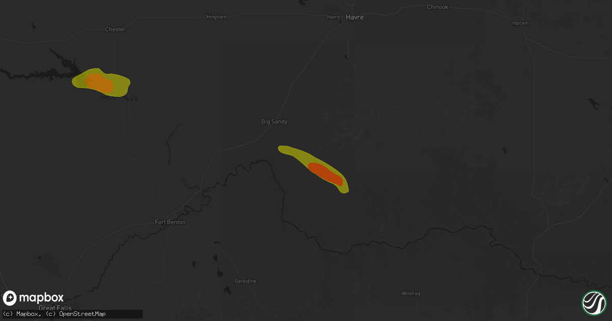 Hail map in Big Sandy, MT on June 25, 2026