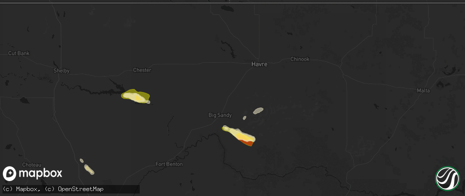 Hail map in Box Elder, MT on June 25, 2026